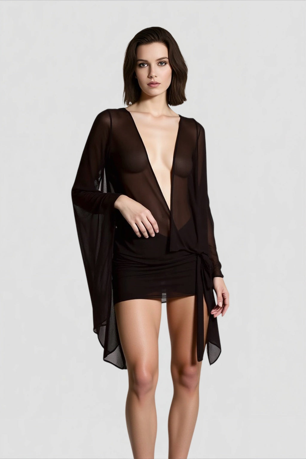 Mesh Plunging Bell Sleeve Bandage Mini Dress