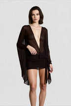 Mesh Plunging Bell Sleeve Bandage Mini Dress