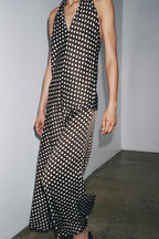 Polka Dot Halter Neck Deep V-Neck Maxi Dress