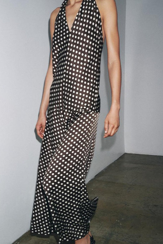 Brown Polka Dot Halter Neck Maxi Dress