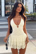 Lace Halter Deep V-Neck Keyhole Tiered Ruffle Mini Dress