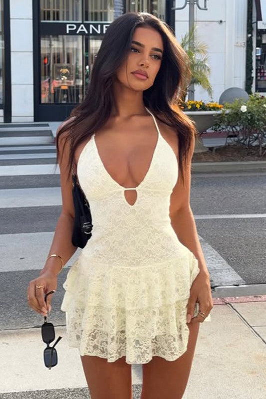 Lace Halter Deep V-Neck Keyhole Tiered Ruffle Mini Dress