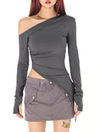Slanted Shoulder Ruched Irregular Hem Long Sleeve Tee