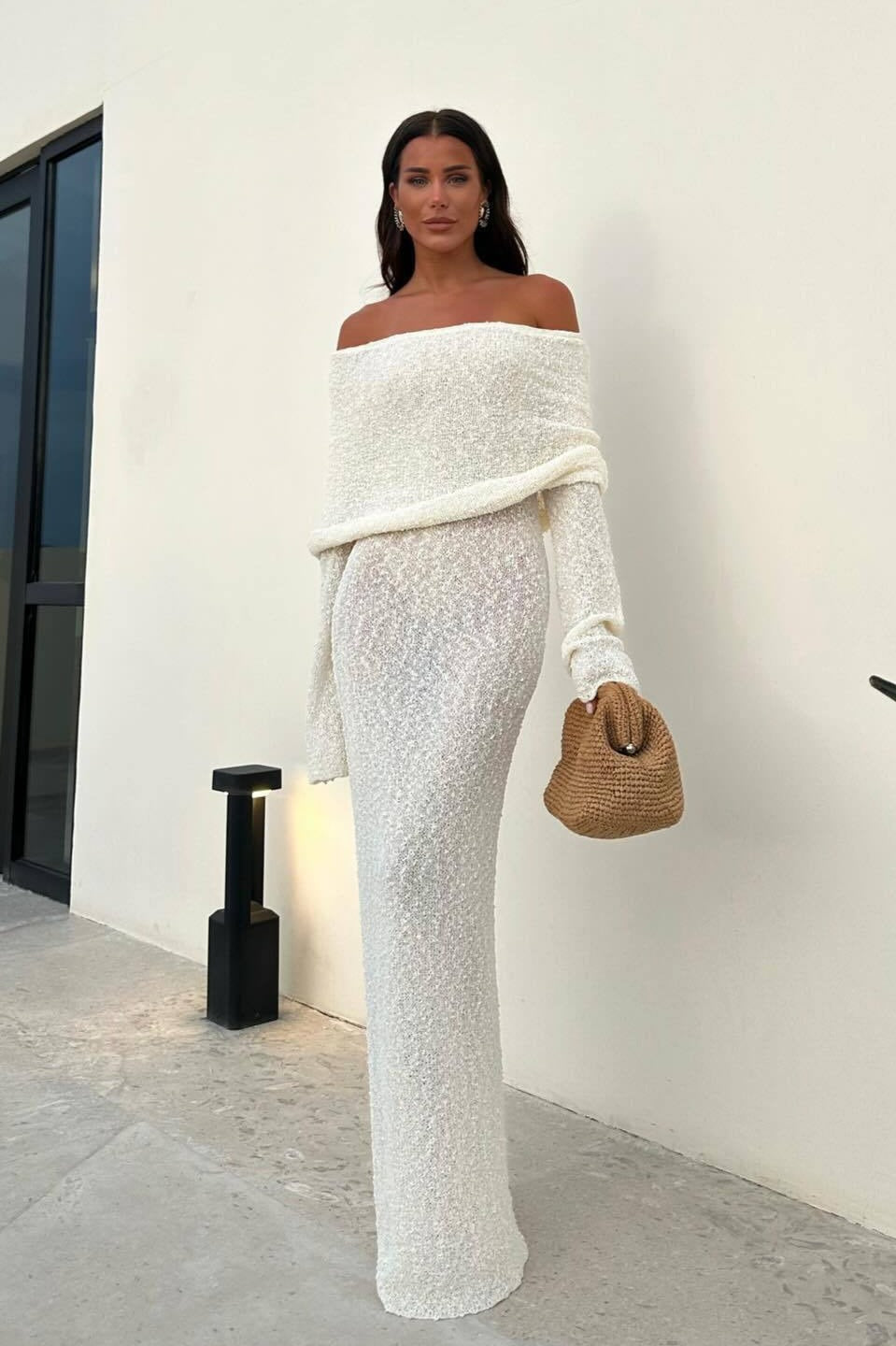 Knit Off Shoulder Long Sleeve Foldover Collar Bodycon Maxi Sweater Dress
