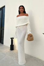 Knit Off Shoulder Long Sleeve Foldover Collar Bodycon Maxi Sweater Dress
