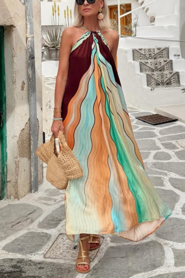 Santorini-inspired Backless Halter Neck Wavy Gradient Print Maxi Dress