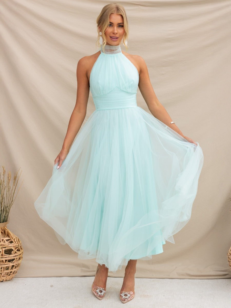 Tulle Midi Dress Halter Pleated Empire Waist Open Back Elegant Prom Dresses