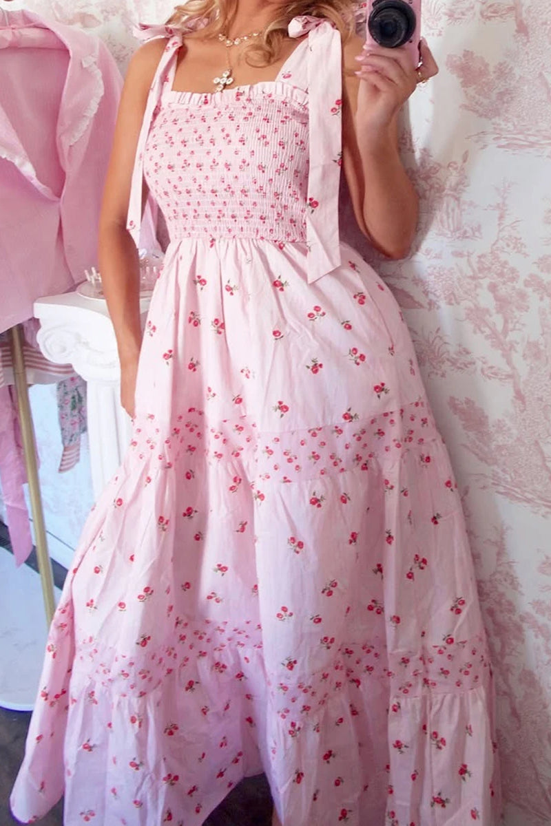 Floral Print Smocked Square Neck Bow Tie Strap Maxi Summer Dress