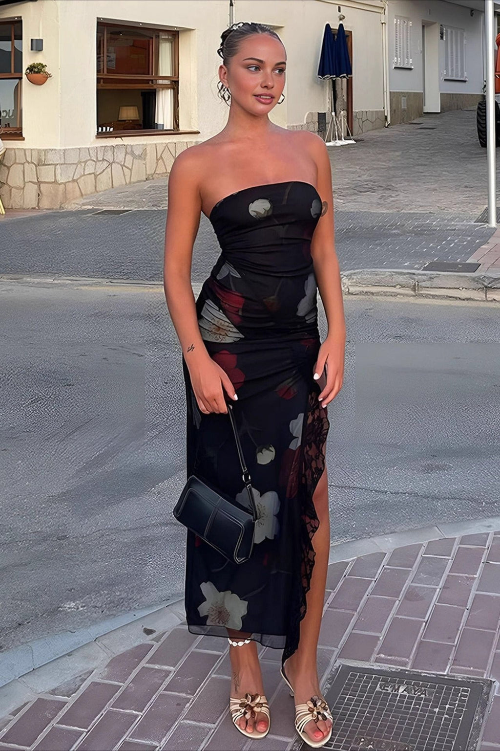 Off Shoulder Mesh Strapless Slit Slim Floral Dress