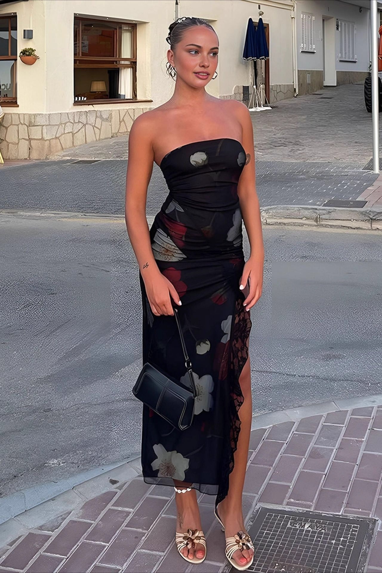 Off Shoulder Mesh Strapless Slit Slim Floral Dress