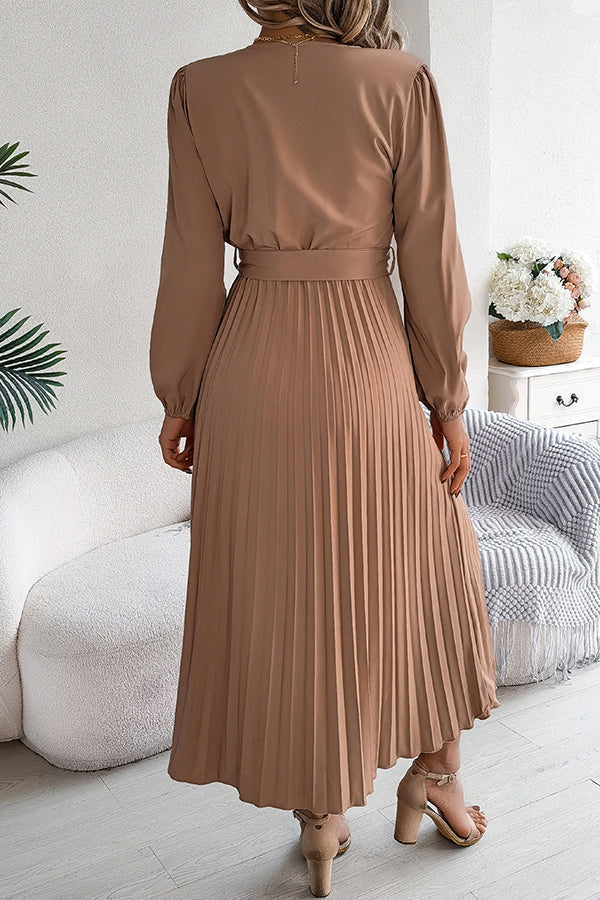 Deep V-Neck Bishop Sleeve Button Front Pleated Belted Midi Dress