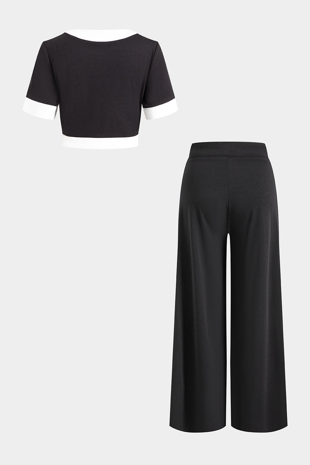 Contrast Metallic Button Short-Sleeve Shirt And Wide Leg Trousers Set