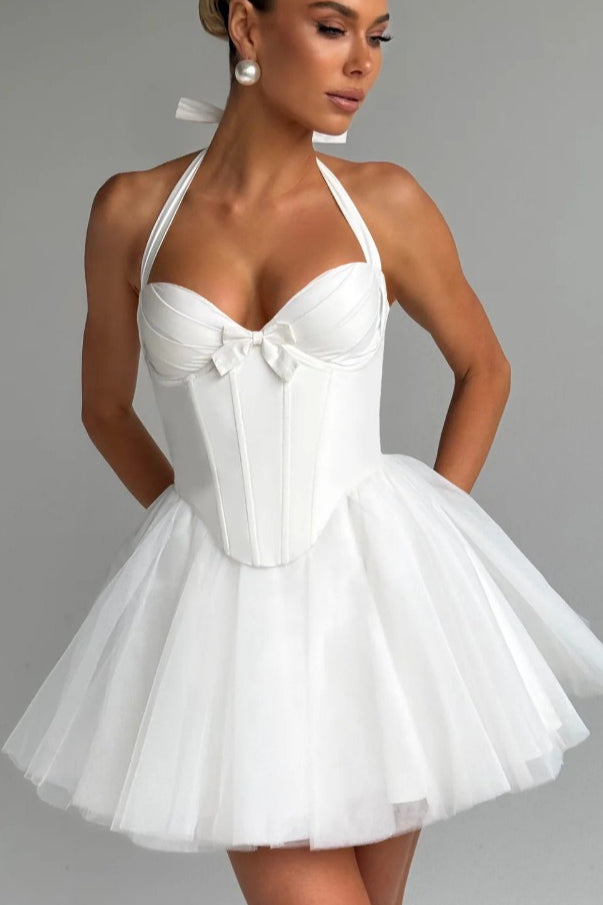 Boned Halter Lace Tie Waist Tulle Overlay Mini Dress