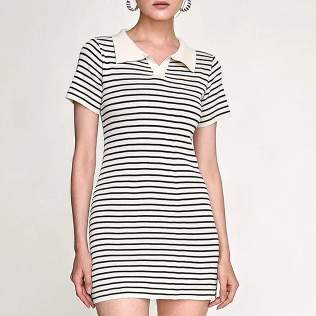 Striped Rib Knit Polo Collar Bodycon Mini Dress