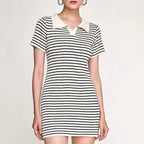 Striped Rib Knit Polo Collar Bodycon Mini Dress