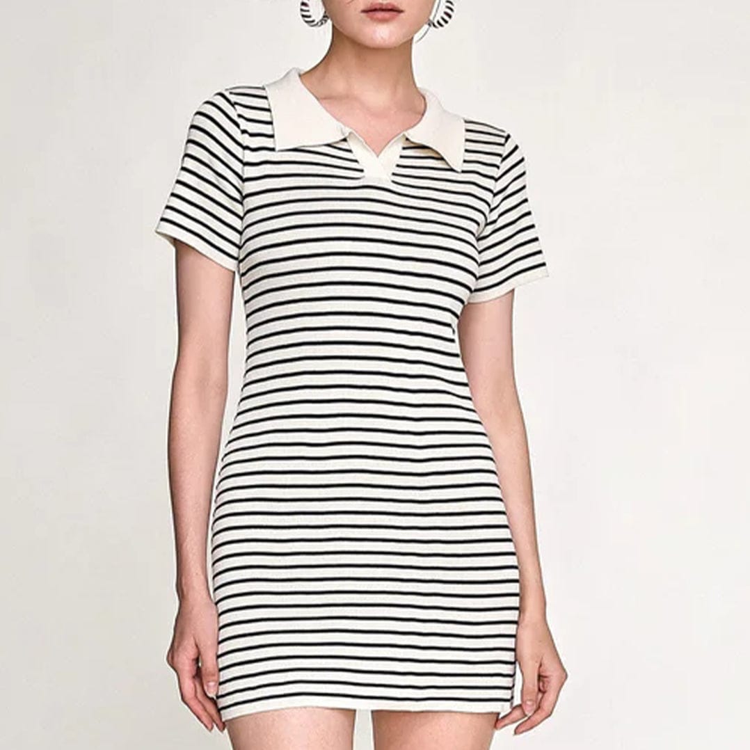 Striped Rib Knit Polo Collar Bodycon Mini Dress