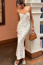 Floral Lace Spaghetti Strap Sweetheart Bustier Bodycon Maxi Dress