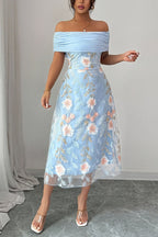 Elegant Ruched Off-Shoulder Floral Appliqué Midi Dress