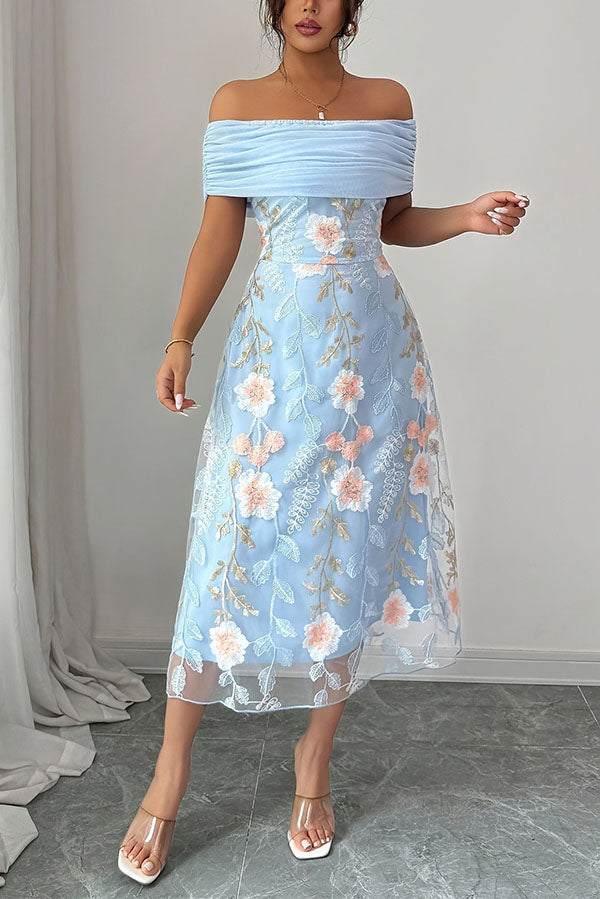 Elegant Ruched Off-Shoulder Floral Appliqué Midi Dress