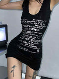 Letter Print U Neck Wrap Hip Mini Dress