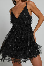 Sequin Fringe Tassel Spaghetti Strap Deep V-Neck Fit and Flare Mini Dress
