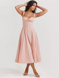 Soft Pink Summer Dress Sleeveless Straps Neck Cottagecore Lace Up Midi Dress For Women