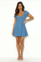 Denim Sweetheart Neck Tie Front Keyhole Puff Sleeve Empire Mini Dress