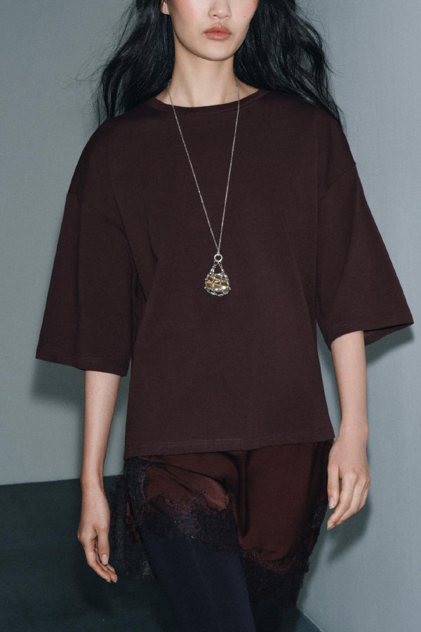 Stylish Round Neck Short-sleeved Patchwork Lace Hem Loose T-shirt