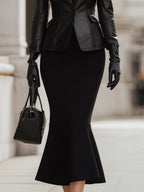 Black Leather Tailored Blazer & Mermaid Midi Dress Two-Piece Set