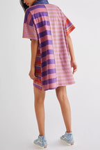 Denim Collar Striped Patchwork Polo Rugby Mini Dress