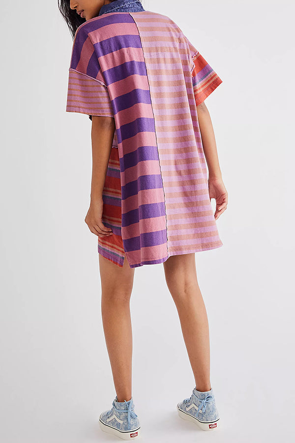 Denim Collar Striped Patchwork Polo Rugby Mini Dress