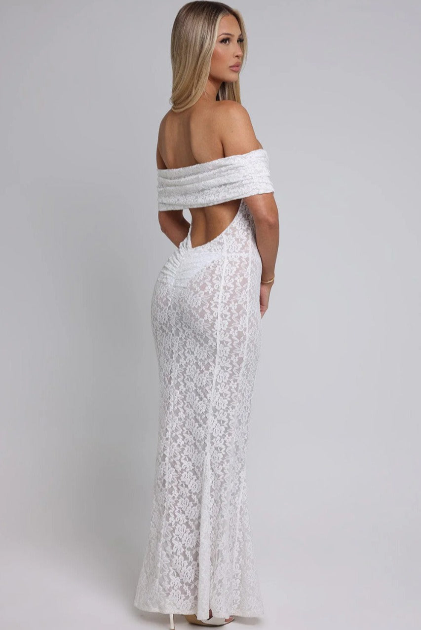 Floral Lace Off Shoulder Foldover Cuff Mermaid Maxi Dress
