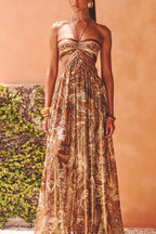 Bohemian Flair Chiffon Golden Paisley Print Cutout Halter Maxi Dress