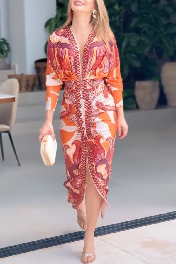 Brazilian Style Unique Print Dolman Long Sleeve Ruched Slit Midi Dress  Vestidos