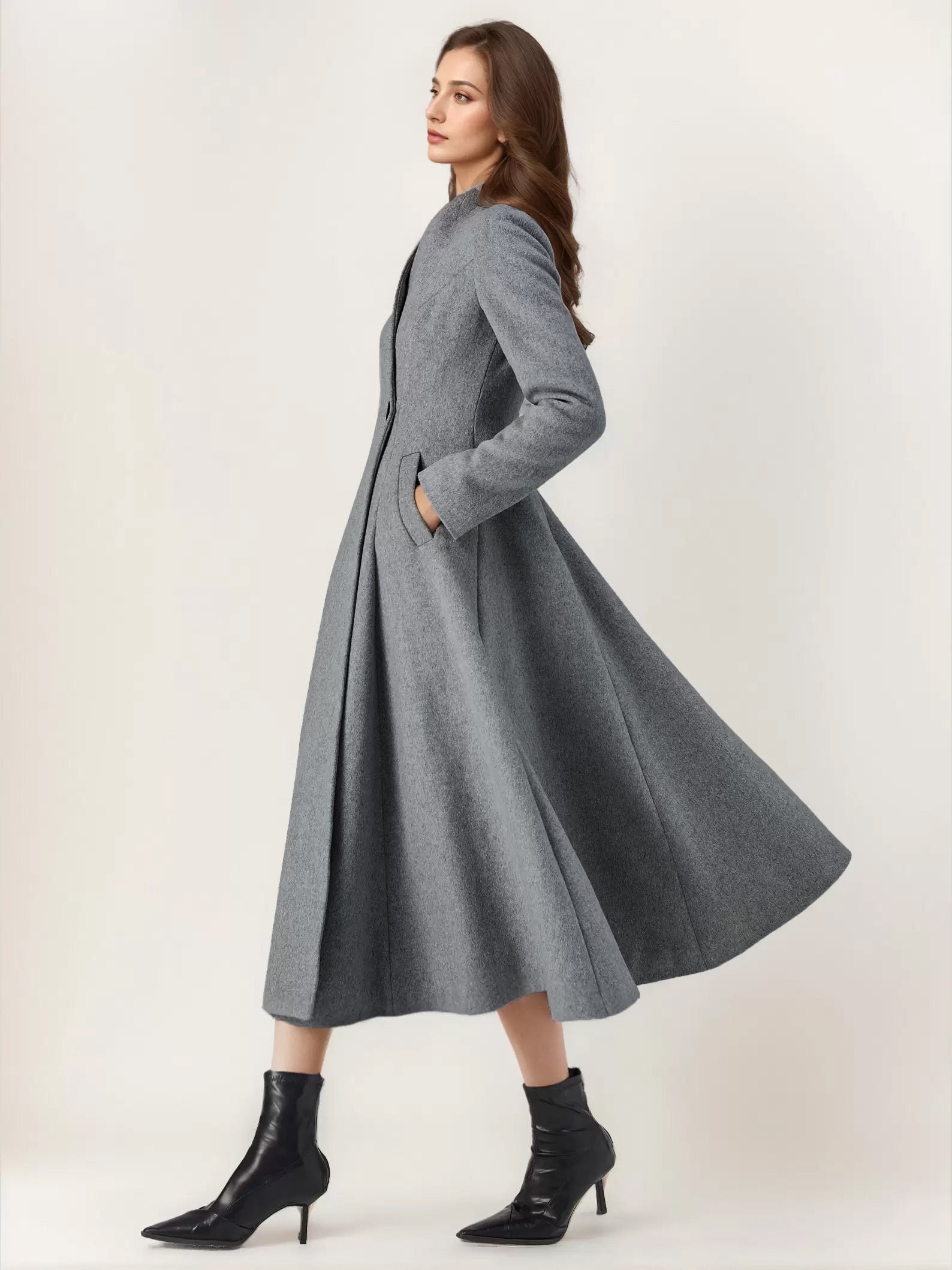 Wool Blend Flared Coat For Woman One Button Gray A-line Winter Midi Outerwear 2026