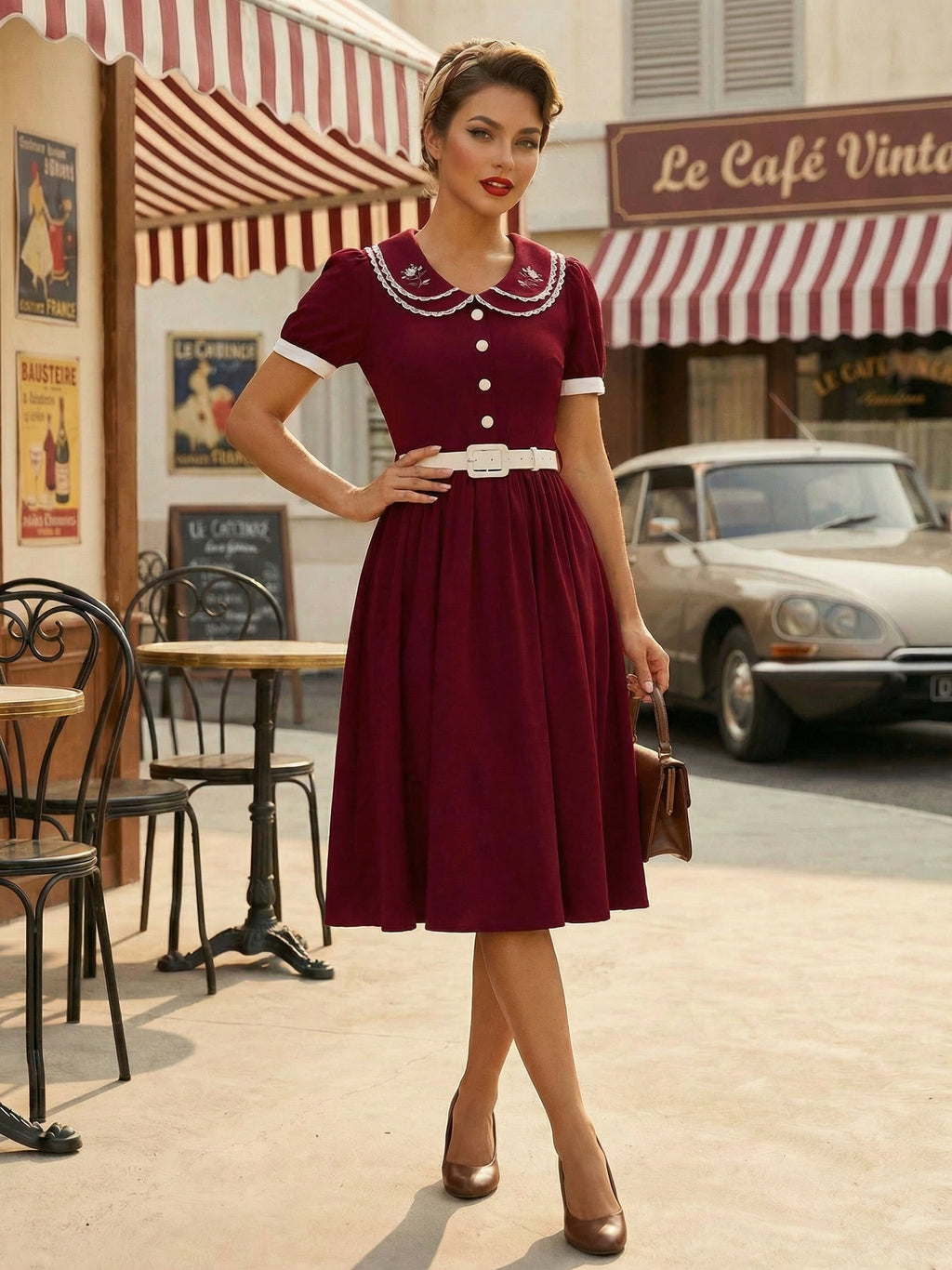 Double Layer Peter Pan Collar Embroidery Puff Sleeve Swing Dress For Women 2026