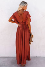 Deep V Neck Ruffle Sleeve Drawstring Waist Button Front Pocket Maxi Dress