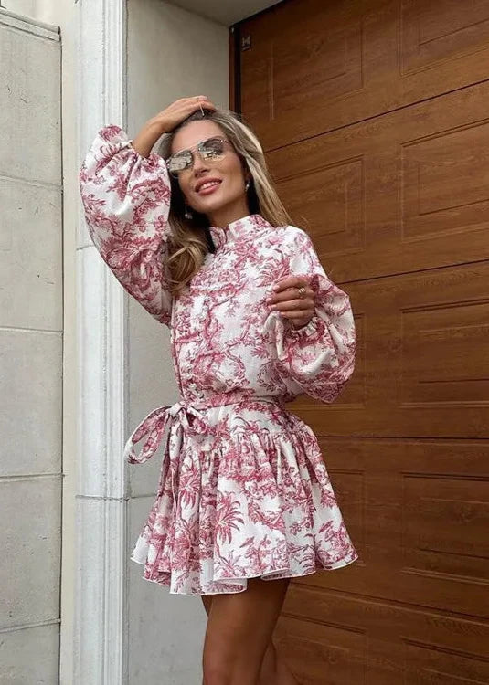 Mock Neck Puff Sleeve Toile Print Button Front Tie Waist Mini Dress