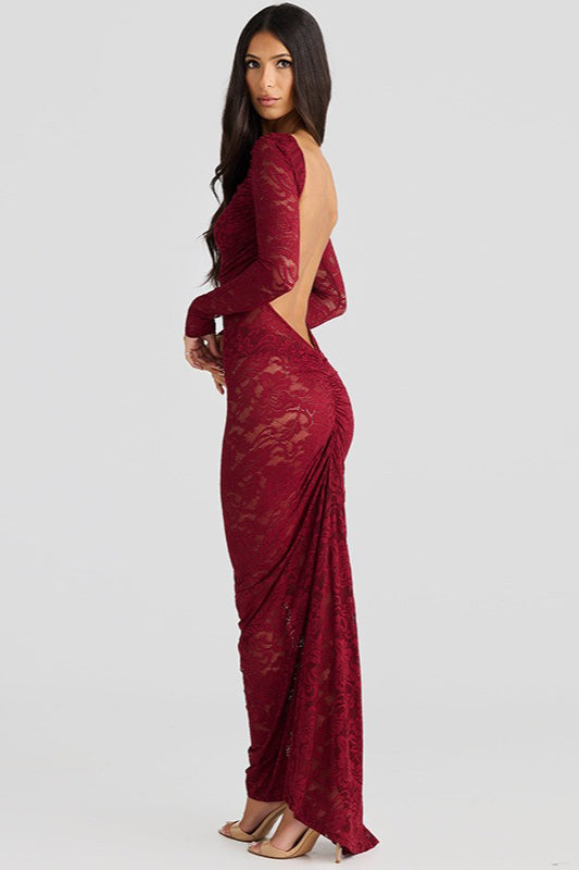 Open Back Long Sleeve Floral Lace Illusion Overlay Bodycon Maxi Dress