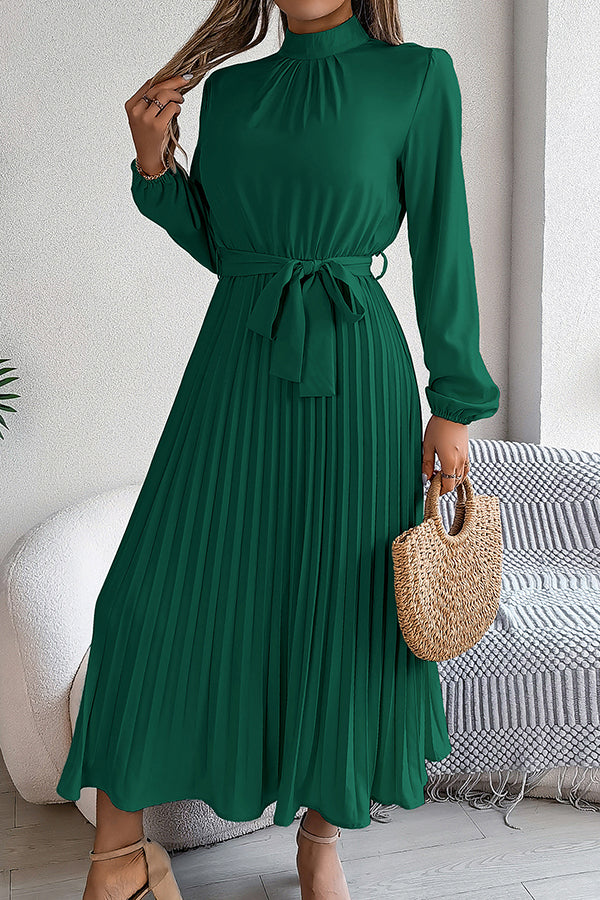 Mock Neck Lantern Sleeve Belted Pleated A-Line Midi Dress