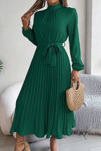 Mock Neck Lantern Sleeve Belted Pleated A-Line Midi Dress