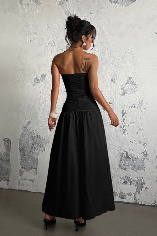 Strapless Sweetheart Neck Twist Cutout Ruched Drop Waist Maxi Dress