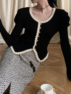 Contrast Color Scallop Trim Puff Sleeve Cardigan