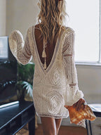 White Lace Boho Dress for Women - Backless Long Sleeve V Neck Mini Dress - Summer Beach Vacation Outfit 2026
