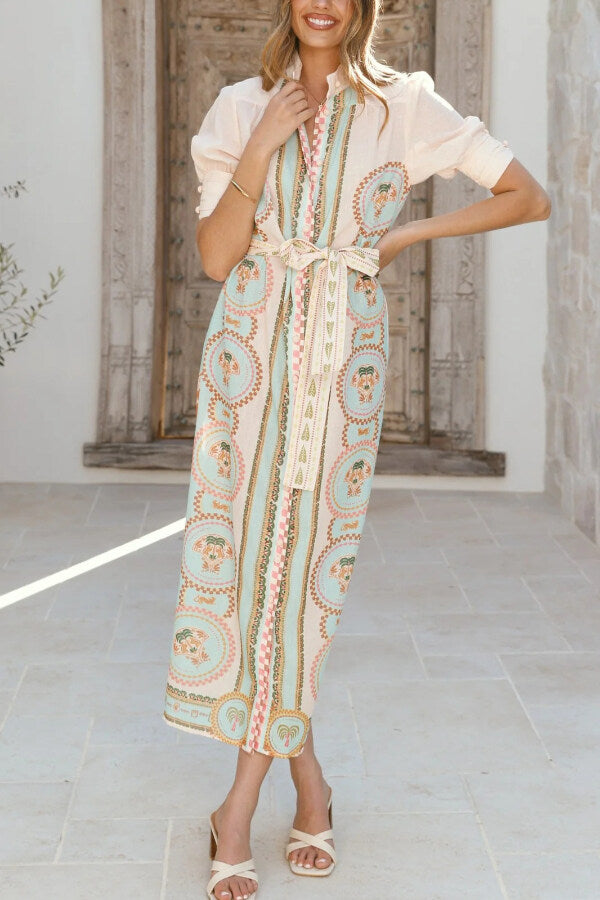 Unique Printed Puff Sleeve Button Lace Up Vacation Maxi Dress