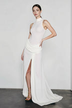 Mock Neck Sleeveless Draped Ruched Hip High Split Maxi Gown