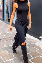 Mock Neck Twist Front Side Slit Sleeveless Midi Dress