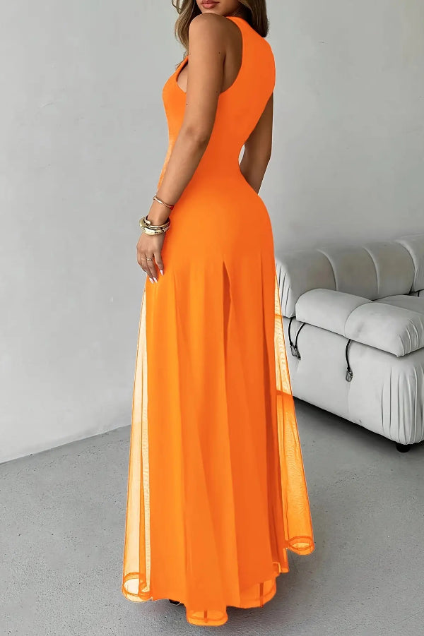 Solid Color Round Neck Sleeveless Slim Fit Sheer Patchwork Hem Maxi Dress