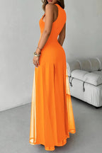 Solid Color Round Neck Sleeveless Slim Fit Sheer Patchwork Hem Maxi Dress