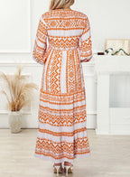 Puff Sleeve Tiered Geometric Print Boho Maxi Dress